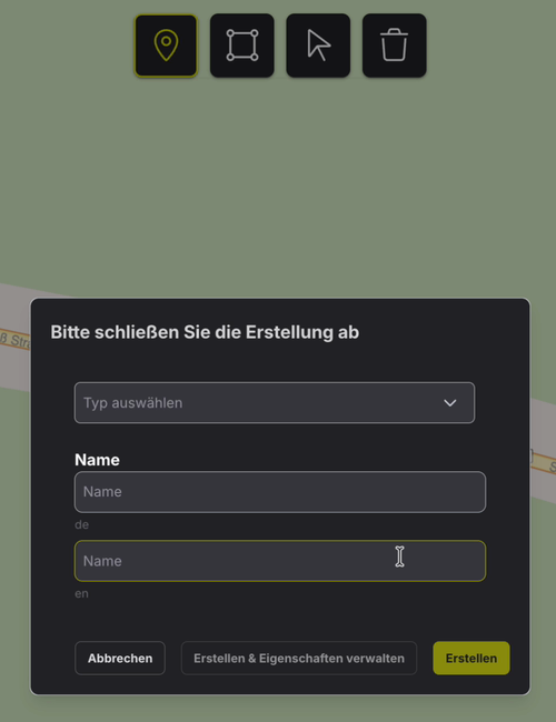 Einen Punkt mit dem Punktsymbol auf der Karte platzieren und den Anlagedialog öffnen