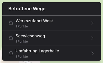 Betroffene Wege nach dem Setzen: Umfahrung Lagerhalle ist als dritter Eintrag hinzugekommen