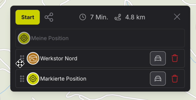 Werkstor Nord wird am linken Ziehgriff vor Markierte Position gezogen; Reihenfolge, Dauer und Strecke der Route werden aktualisiert