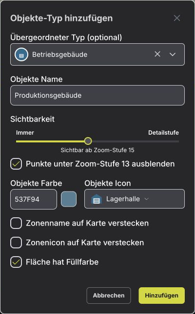 Produktionsgebäude als Untertyp mit Farbe, Symbol und Darstellungsoptionen