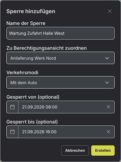 Ansicht, Verkehrsarten und Zeitraum einer Sperre festlegen