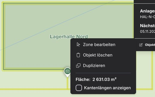 Aktionen und Maßangaben im Kontextmenü einer Fläche