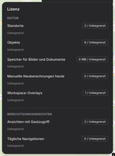 Beispiel einer Lizenzübersicht; die Werte gelten für den ausgewählten Workspace