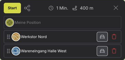 Eine vorbereitete Route mit Zwischenziel und abschließendem Ziel