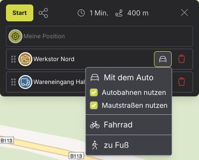 Das Transportmittel für einen Routenabschnitt auswählen