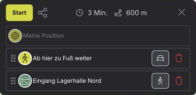 Die Routenvorschau ergänzt Ab hier zu Fuß weiter vor dem Ziel Eingang Lagerhalle Nord und wechselt vom Auto zum Fußweg