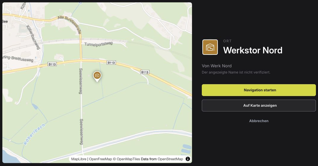 Vorschau eines geteilten Objekts mit Karten- und Navigationseinstieg