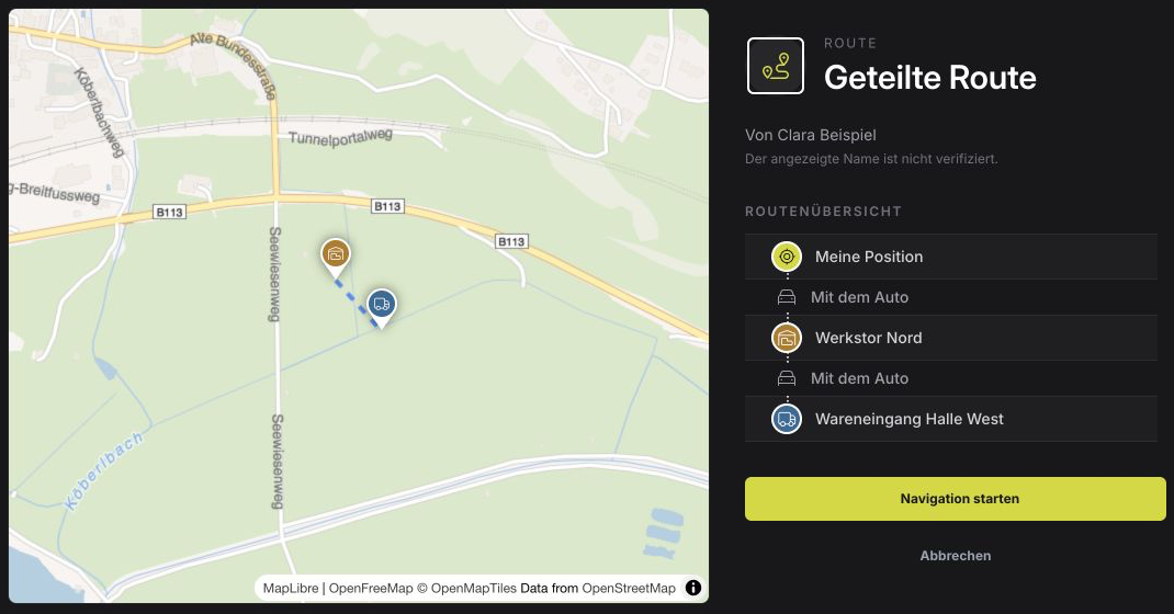 Ziele und Transportmittel einer geteilten Route vor der Navigation prüfen