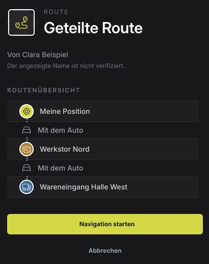 Detailansicht der Ziele und Transportmittel einer geteilten Route